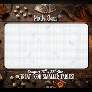 May include: A white, grid-lined mat with the text "Math Class!" and "Compact 12" x 22" Size GREAT FOR SMALLER TABLES!" is surrounded by dice, cards, and game pieces. The mat is designed for tabletop gaming or educational use.