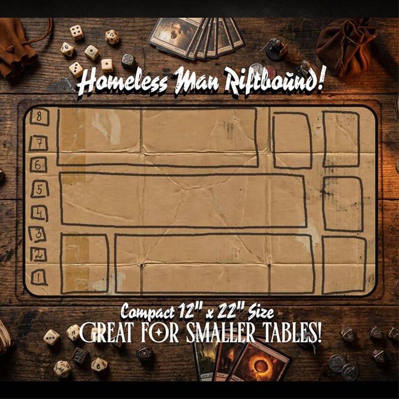 Homeless Man TCG Playmat | Funny Play Mat | 12" x 22" Neoprene Game Mat | Cardboard Design | Riftbound Playmat | Hemmed Sewn Edge image 1