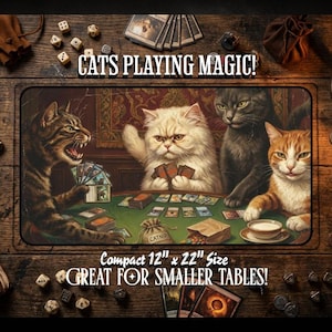 Cats Playing Magic TCG Playmat | 12" x 22" Neoprene Game Mat | Funny Playmat | Cat Themed Mat | MTG Playmat | Sewn Edge