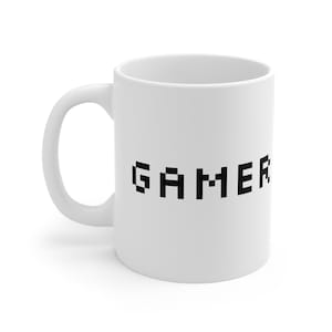 Gamer Pixel Font Mug, Gaming Coffee Cup, Video Game Lover Gift, Gamer Geek Tea Mug, Geeky Hot Chocolate Cup, Pixel Art Drinkware