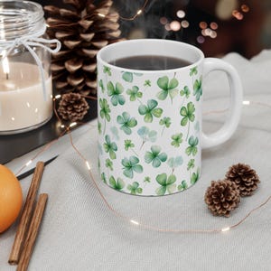 Watercolor Four Leaf Clover Tile Designed Mug, St. Patrick's Day Gift, Lucky Charm Coffee Cup, Shamrock Tea Mug, Green Clover Ceramic Mug