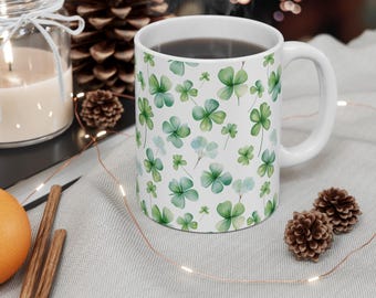 Watercolor Four Leaf Clover Tile Designed Mug, St. Patrick's Day Gift, Lucky Charm Coffee Cup, Shamrock Tea Mug, Green Clover Ceramic Mug