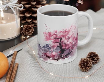 Sakura Serenity - Custom Watercolor Cherry Blossom Mug with Japanese Architecture - Coffee Lover Gift, Tea Lover Gift, Novelty Coffee Cups