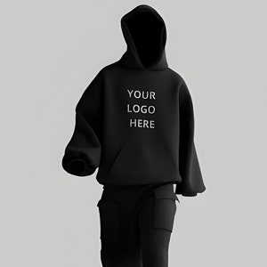 May include: A black hooded sweatshirt with long sleeves and a drawstring hood. The sweatshirt has a large pocket on the front and the text "YOUR LOGO HERE" printed on the front.