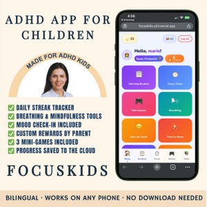 Puede incluir: Captura de pantalla de la aplicación FocusKids para niños con TDAH. La app incluye un seguimiento diario, herramientas de respiración, minijuegos y recompensas personalizadas. La interfaz es colorida y muestra el texto "ADHD APP FOR CHILDREN" en la parte superior.