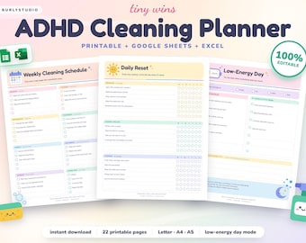 ADHD Cleaning Planner Printable + Google Sheets, Cleaning Schedule Template, Cleaning Checklist, Chore Chart for Adults, ADHD Planner