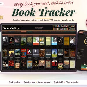 Puede incluir: Una interfaz digital de seguimiento de libros mostrada en una pantalla de portátil y smartphone, con galería de portadas, registro de lectura y estantería. Incluye etiquetas de texto como Book Tracker, ISBN Search y compatibilidad.