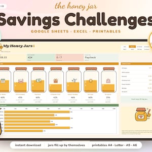 Puede incluir: Un rastreador de ahorros digital titulado The Honey Jar Savings Challenges para Google Sheets, Excel e imprimibles. La interfaz muestra siete iconos de frascos que representan metas financieras, barras de progreso y un gráfico de una abeja.