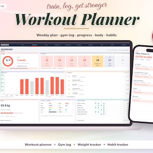 May include: A digital workout planner displayed on a laptop and smartphone screen. The interface features a dashboard with charts, a weekly plan, and a gym log. Text includes 'Workout Planner', 'train, log, get stronger', and 'A WHOLE YEAR IN ONE FILE'.