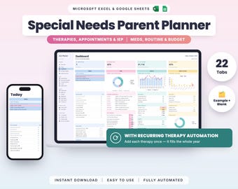 Special Needs Parent Planner Google Sheets Excel, IEP Binder, Therapy Tracker, Autism Caregiver Organizer, Medication & Appointment Log