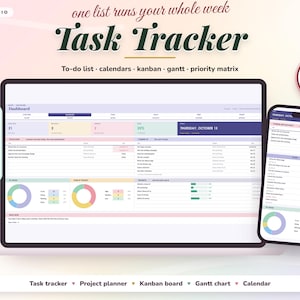 May include: A digital task tracker dashboard displayed on a laptop and smartphone screen. The interface features charts, lists, and project planning tools. Text includes "Task Tracker," "one list runs your whole week," and "WORKS IN Google Sheets Microsoft Excel."