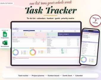 Task Tracker Spreadsheet, To Do List Template, Project Management Template with Kanban Board and Gantt Chart for Google Sheets and Excel