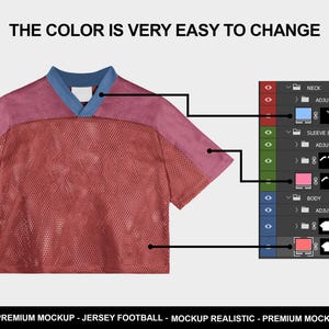 May include: A red mesh jersey with a blue collar and pink shoulder panels. The text "THE COLOR IS VERY EASY TO CHANGE" is at the top. A graphic shows how to change the jersey's color.