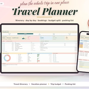 May include: A digital travel planner displayed on a laptop and smartphone screen, featuring sections for itinerary, bookings, budget, and packing lists. Text includes BURLYSTUDIO, Travel Planner, and WORKS IN Google Sheets and Microsoft Excel.