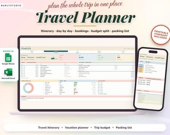 Travel Itinerary Template, Travel Planner Spreadsheet, Girls Trip Itinerary, Trip Budget Spreadsheet, Google Sheets and Excel Template