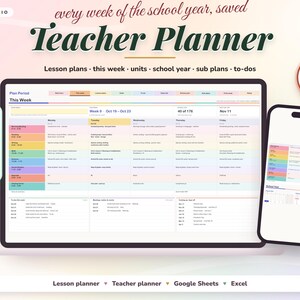 Teacher Planner Google Sheets, Lesson Planner, Digital Teacher Planner 2026-2027, Lesson Plan Template, Sub Plans, Teacher Spreadsheet Excel