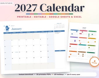 2027 Calendar Printable and Editable, Google Sheets Calendar, Excel Calendar, Year at a Glance, Monthly Calendar 2027, Perpetual Calendar