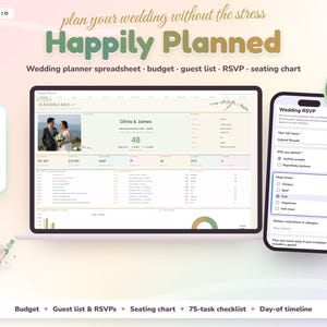 Puede incluir: Una hoja de cálculo digital para planificar bodas titulada Happily Planned, mostrada en un portátil y un smartphone. La interfaz incluye un panel con presupuesto, lista de invitados, RSVP y plano de asientos. Compatible con Google Sheets y Excel.