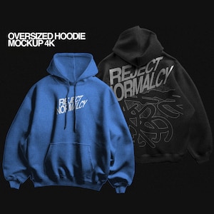 Pode incluir: Dois hoodies oversized, um azul e um preto, com o texto "REJECT NORMALCY" impresso em branco na frente.