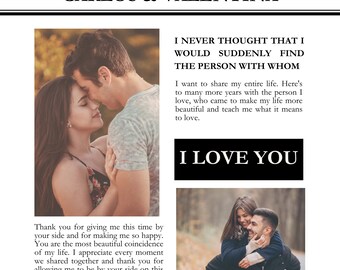 Canva newspaper template, gift for anniversary, wedding, editable newspaper design, design with photos.