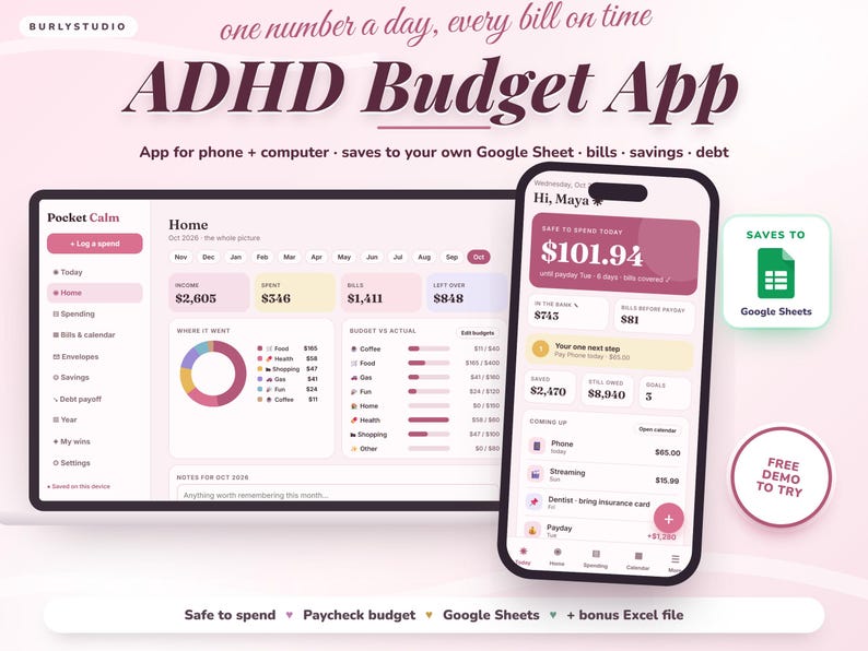 ADHD Budget Planner App, Beginner-Friendly Budget Tracker | Safe to Spend, Paycheck Budget, Bill Tracker, Debt Payoff | No Excel Needed image 1