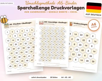 Sparchallenge A6 zum Ausdrucken + Google Sheets, 52 Wochen Challenge, 100 Umschläge, Spar Challenge Set, Umschlagmethode, Budgetplaner