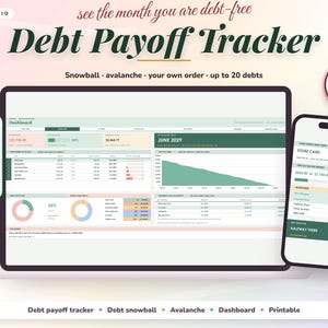 May include: A digital debt payoff tracker dashboard displayed on a laptop and smartphone screen. The interface features financial data, charts, and progress bars in green and beige tones. Text includes Debt Payoff Tracker and Works in Google Sheets and Microsoft Excel.
