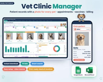Veterinary Clinic Spreadsheet, Vet Patient Records with Pet Photos, Appointment and Vaccine Tracker, Google Sheets & Excel Template