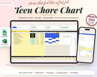 Teen Chore Chart Printable, Allowance Chart with Money and Payslips, Editable Chore Chart for Kids, Tweens and Teens, Google Sheets Excel