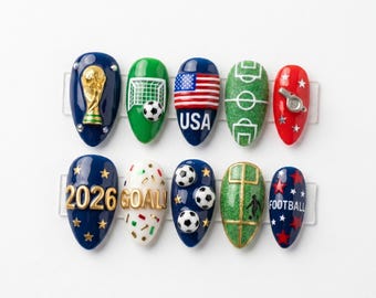 World Cup 2026 Press On Nails | USA Soccer Fan Fake Nails | 3D Trophy Football Goal Nails | Game Day Sports Team Gel Nails