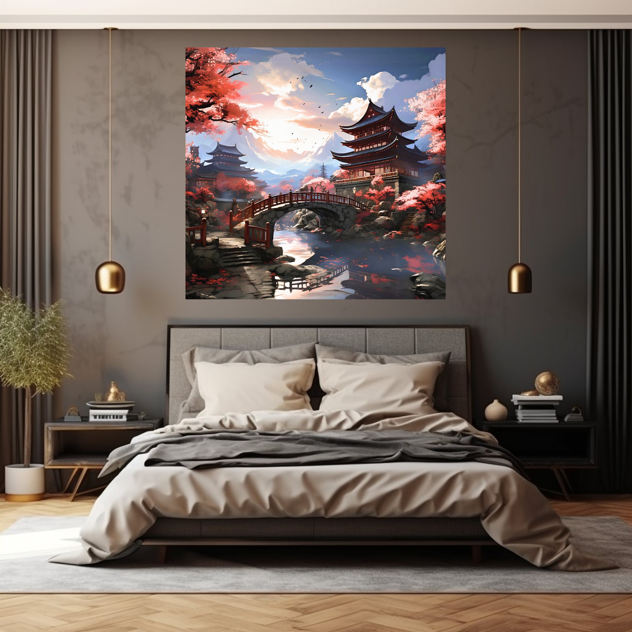 Japanese Temples and Bridge Poster Wall Art Japan Temple