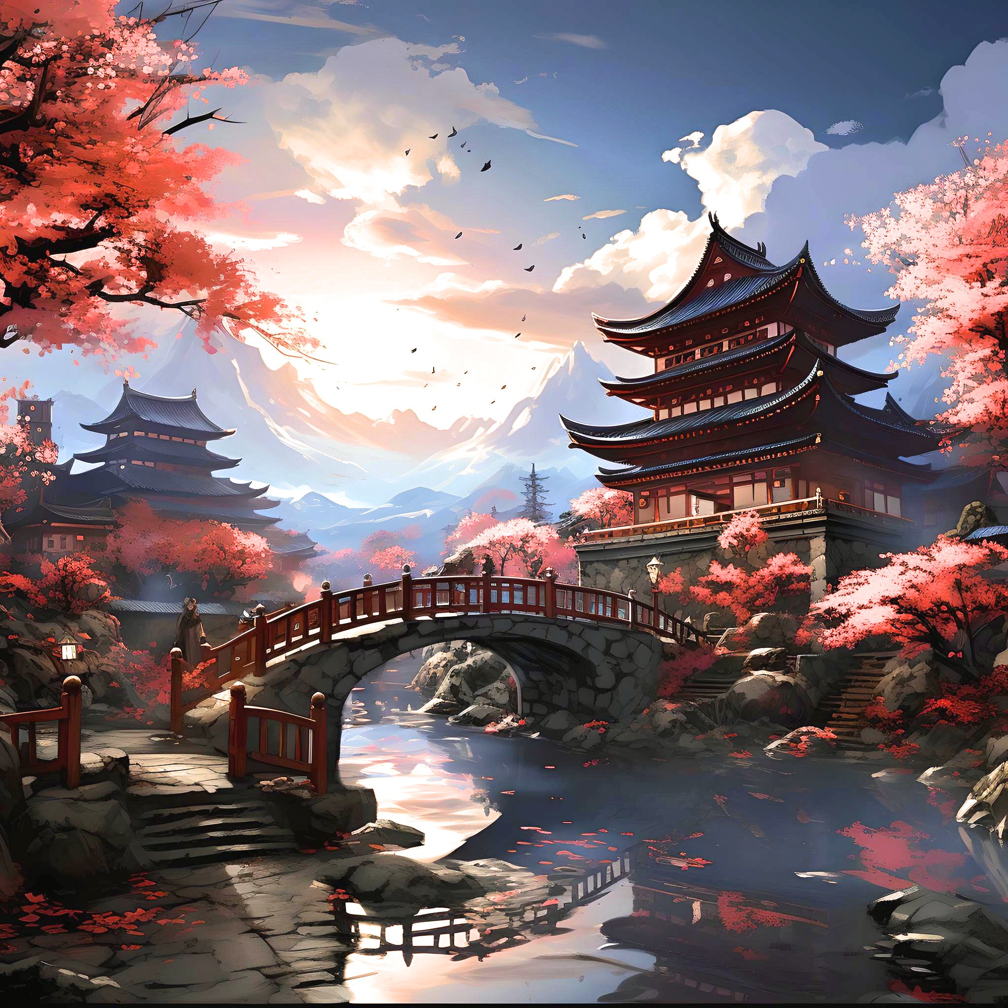 ベストセラー Japanese Temple Japan Art Wall Poster Bridge and Temples 絵画