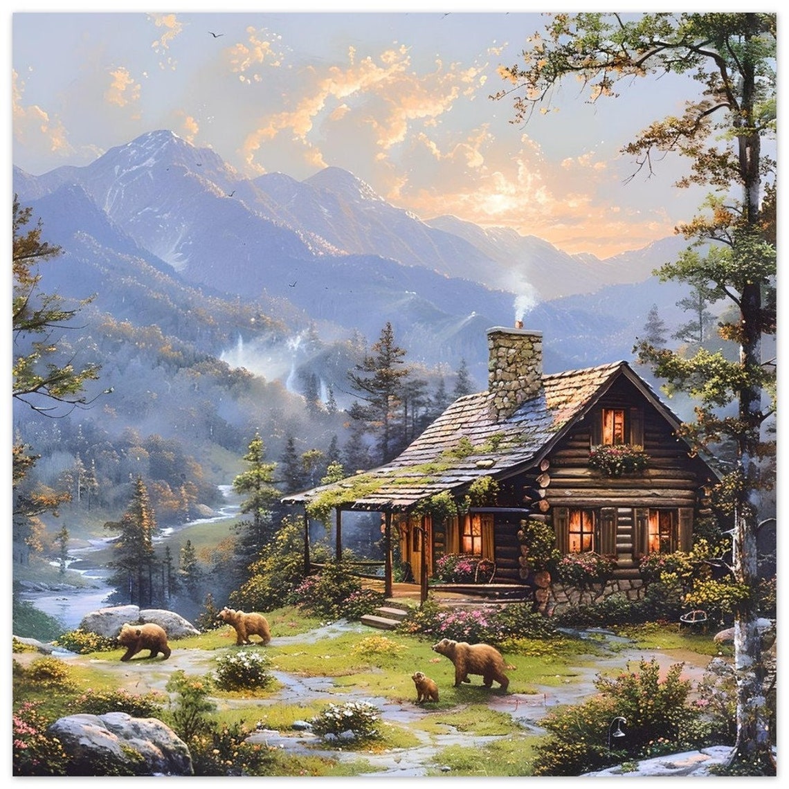 Cabin With Bears in Mountains Country House in Woods Poster Wall Art Cabin in Mountains Picture ...