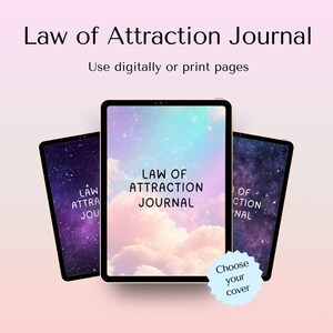 May include: Three digital tablets displaying a Law of Attraction Journal. The center tablet features a pastel sky with clouds, while the two side tablets show a dark purple starry galaxy background. A light blue starburst sticker says Choose your cover.