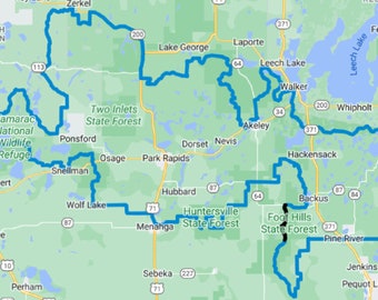 May include: A map of Minnesota with a blue outline highlighting the boundaries of the Tamarac National Wildlife Refuge, Foot Hills State Forest, and Huntersville State Forest.