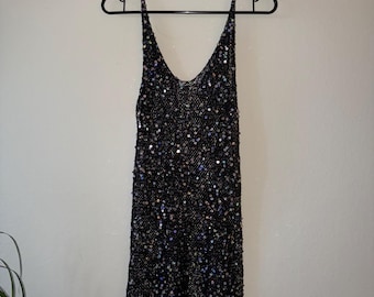 Black Rainbow Sequin Knit Mini Dress • Handmade Cotton Beach Slip Dress (One Size)