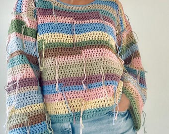 Hand crocheted cotton soft summer sweater beach style sweater