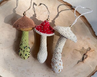 Hand-Crocheted Beaded Mushroom Christmas Ornament