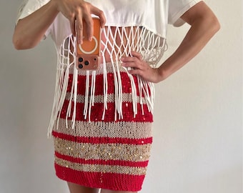 Hand Knit Sequin Mini Skirt | Red Beige Boho Festival Cover Up
