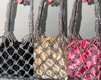 Handmade Crystal Fringe Evening Clutch, Sparkly Rhinestone Party Purse