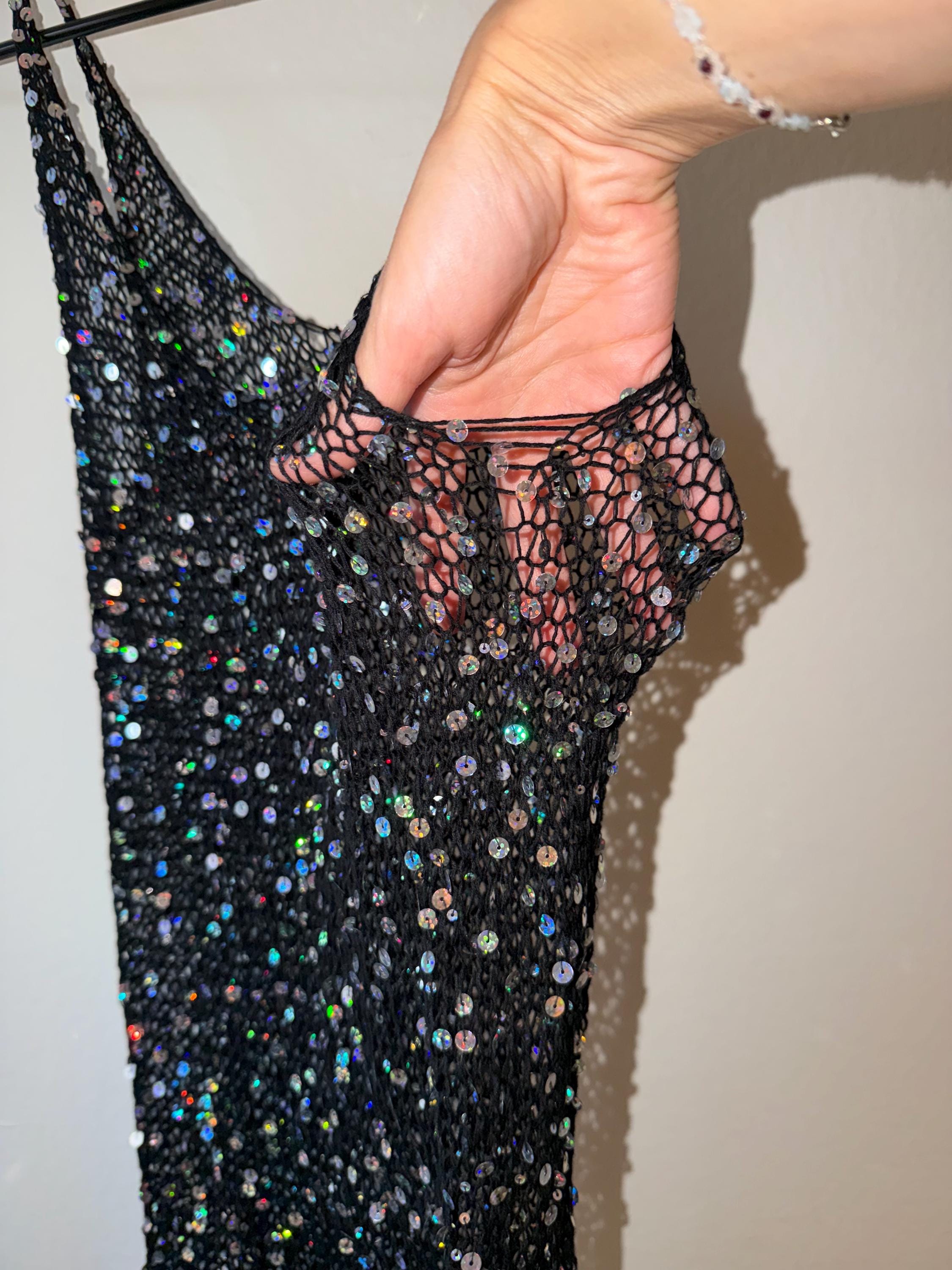 black dress with rainbow sequins LUCY IN THE SKY Los Angeles Rainbow Black Sequin