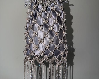 Handmade Rhinestone Fringe Evening Clutch, Sparkly Silver Party Purse
