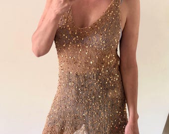 Gold Sequin Knit Dress • Handmade Cotton Beach Slip Dress (One Size)