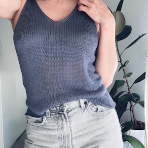 Hand-knitted top cotton tank top for women. Deep V neck and back. summer top. organic yard.