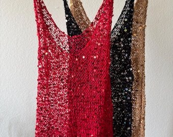 Handmade Sequin festive knitted Top – Cotton Sparkly Mesh Top, sparkly beach party top,