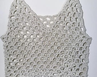 Handmade festive Top with deads– Cotton Sparkly Mesh Top, sparkly beach party top, hand-crocheted