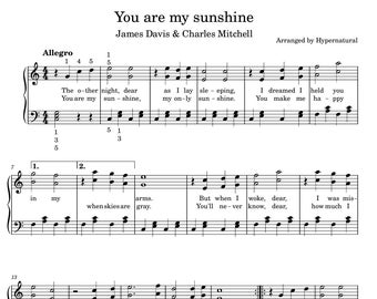 You are my sunshine - Easy to Play Piano for Beginners - James Davis - Sheet Music - Printable PDF + MIDI files