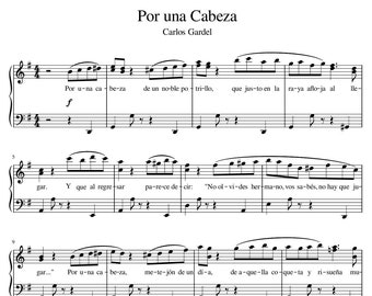 Por una cabeza, Digital Piano Music Sheet, Carlos Gardel Argentine Tango, PDF + MIDI formats