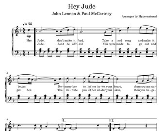 Hey Jude, Digital Piano Music Sheet for all levels, PDF + MIDI formats