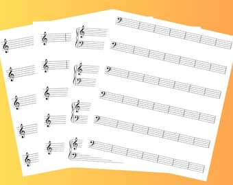 Printable blank sheet music with and without barlines. Treble, bass clef and piano. PDF format A4 and Letter sizes